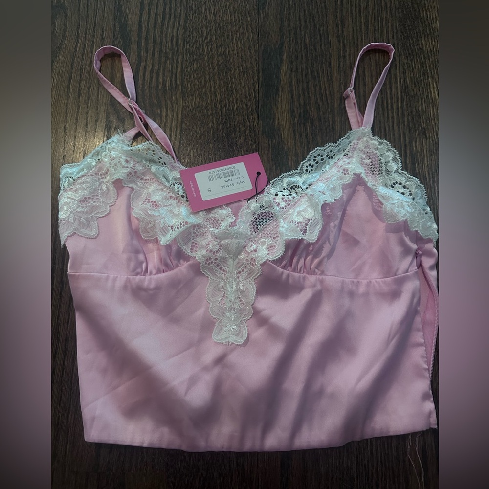 Brand New with tags Edikted pink satin lank with white lace detailing